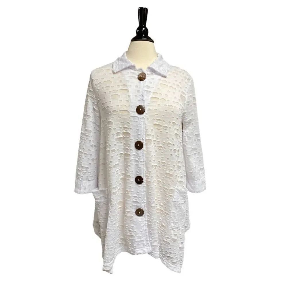 Kaktus White Sheer 3/4 Sleeve Button Down Tunic Cover-Up Size Small NWOT
